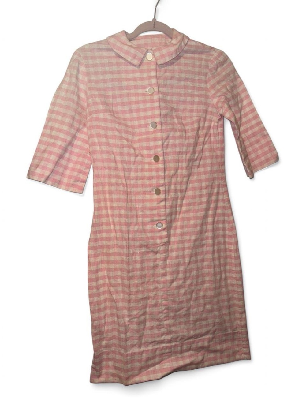 70s pink gingham button up wiggle fitted pinup dress